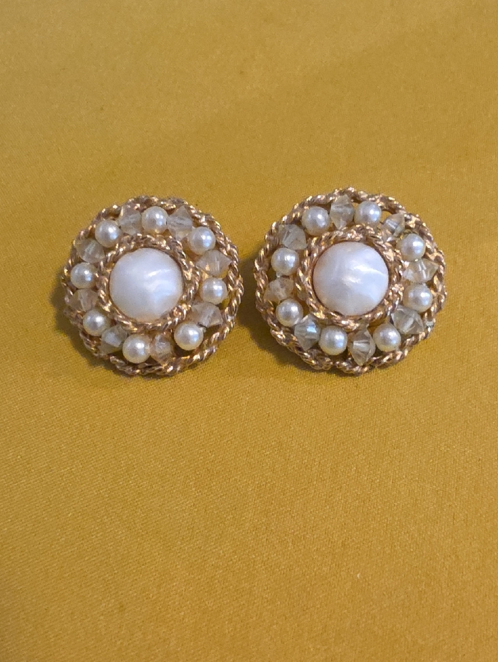 Vintage Faux Pearl and Crystal Gold-Tone Clip-On Earrings Marked "Pat Pend"